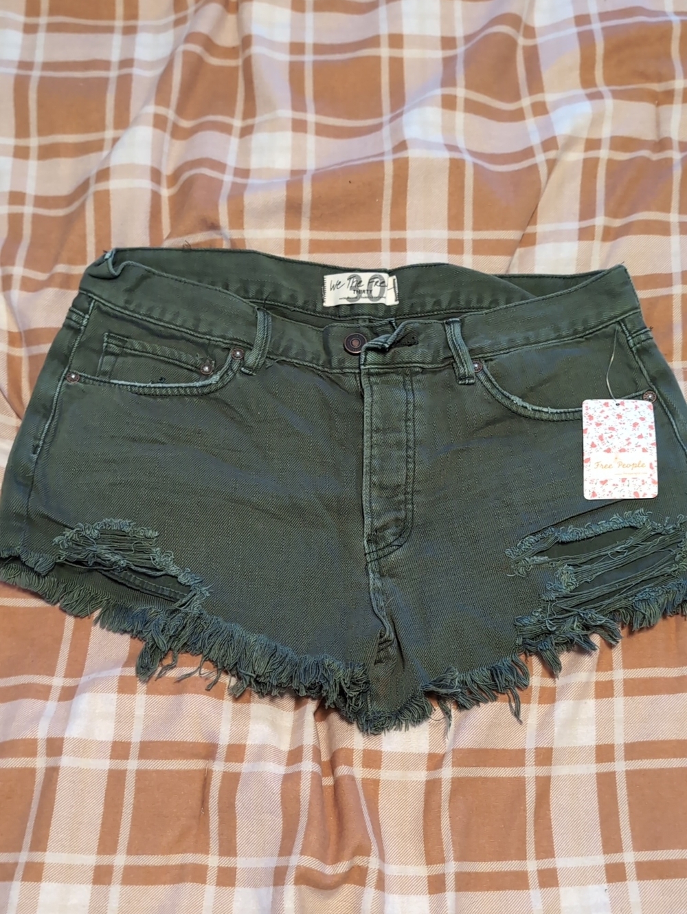 We The Free Olive Distressed Frayed Denim Shorts